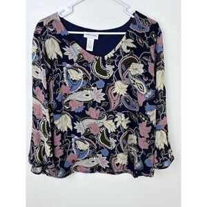 Draper's & Damon's Petites XL Blouse Navy Floral Paisley Chiffon 3/4 Sleeve PXL